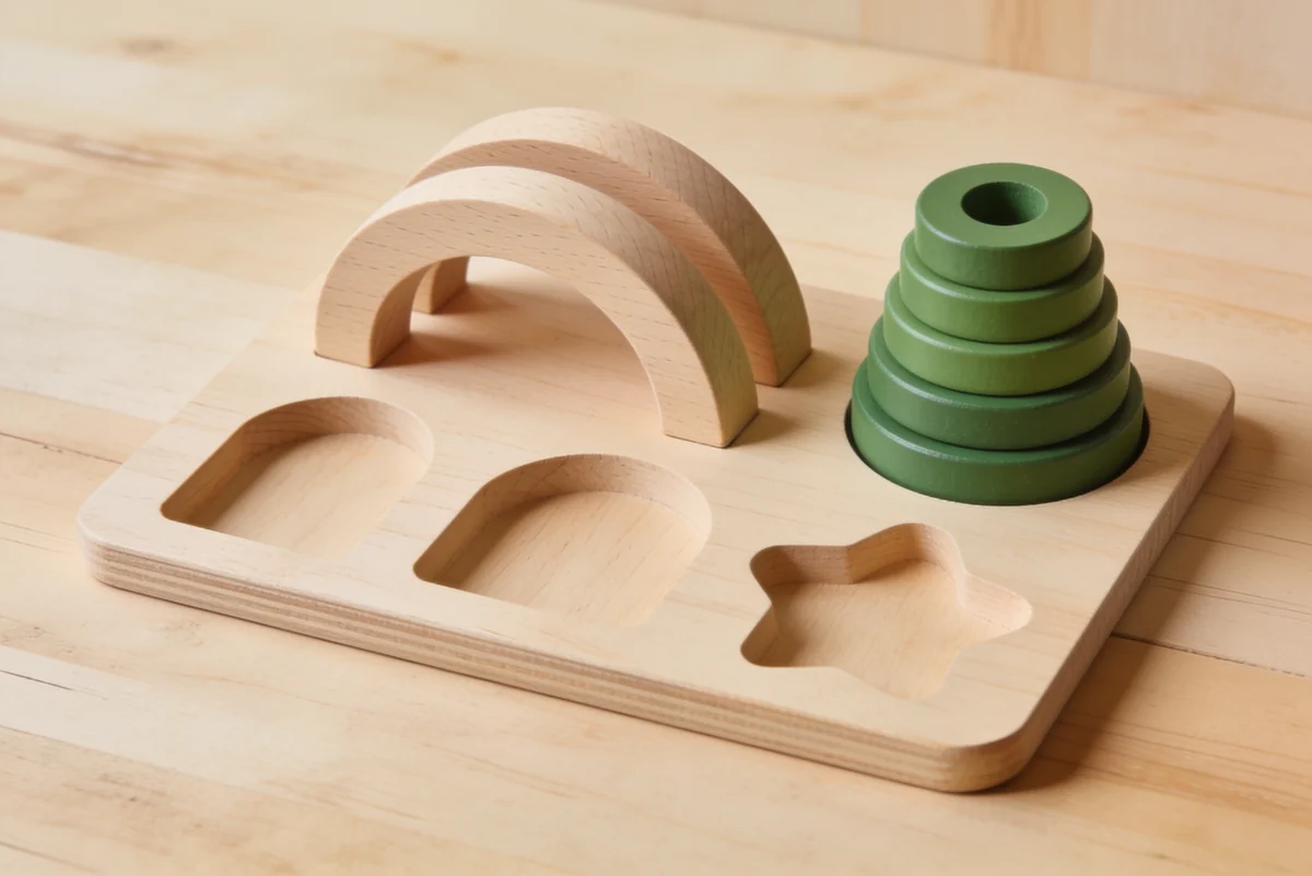 Wooden shape-play board, beech arches and green stacking rings