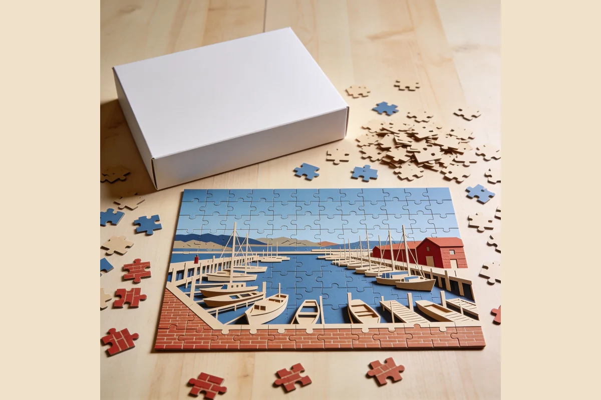 Geometric boatyard cardboard jigsaw with a plain unbranded box